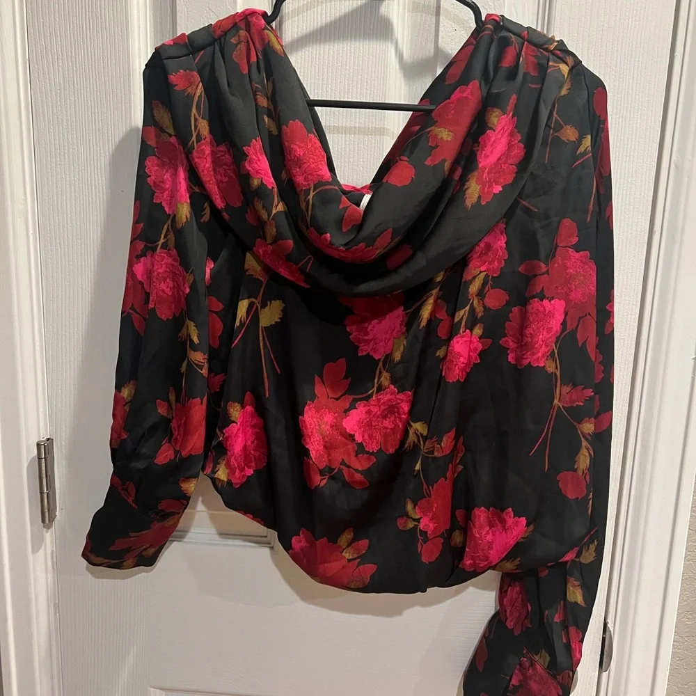 Free People Black and Red Floral Off-Shoulder Blouse.
